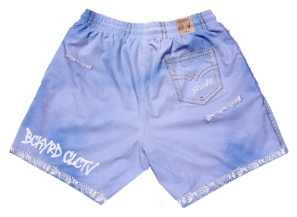 Rear view of JORTS showing the back pocket, waistband patch, distressing, and raw-edge details